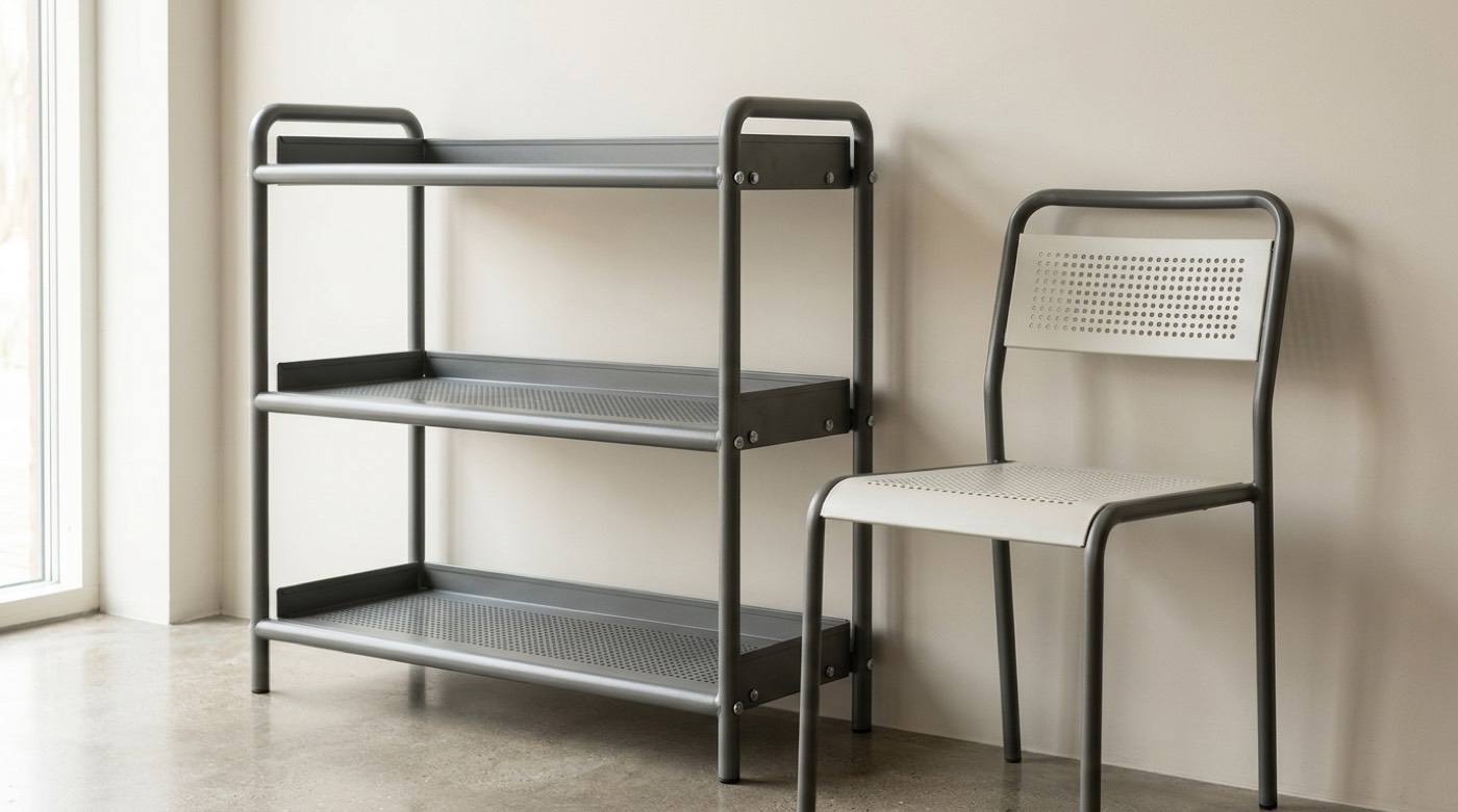 Powder-coated tubular steel shelving and a steel chair in a daylit room